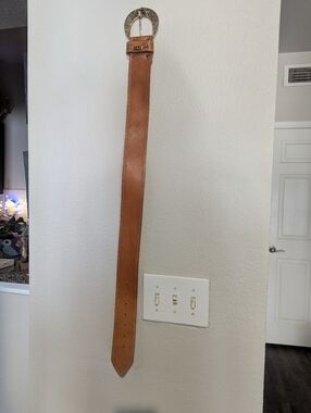 Wide Tan/ Cognac ladies Leather Belt with Ornate Gold Buckle.